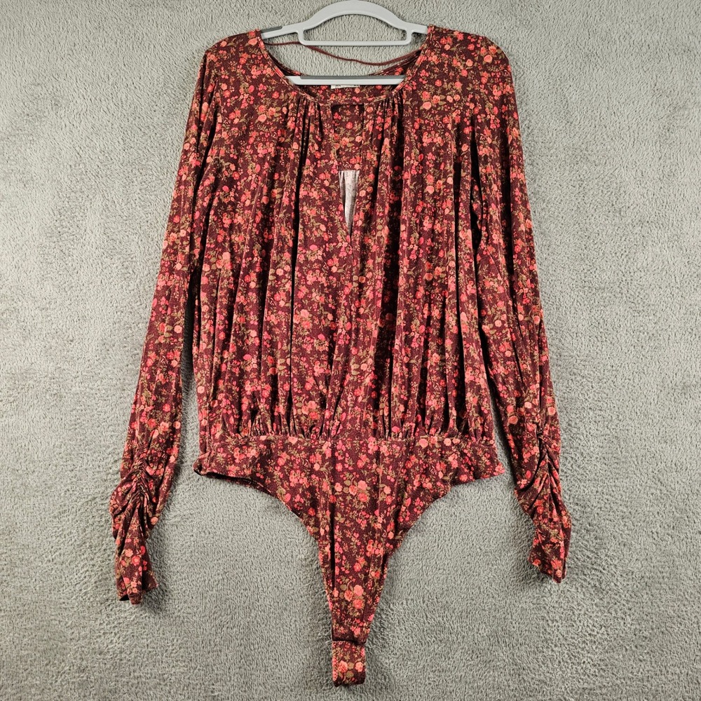 Intimately Free People Burgundy Floral Long Sleeve Ruched Bodice Bodysuit Large